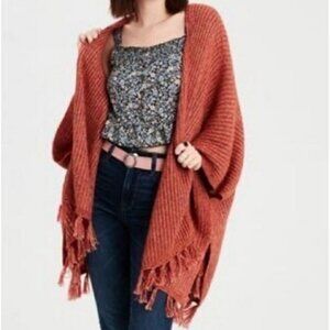 American Eagle Orange Knit Poncho Sweater Fringe Wrap Women's One Size Fits Most